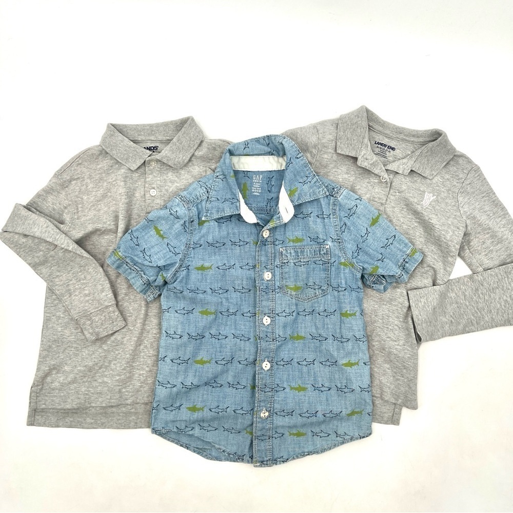 Boy's Bundle 2 Gray Long Sleeve Tops & 1 Short Sleeve Shark Button Down Size 5-6
